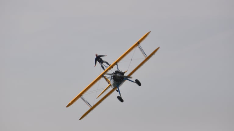 vintage Boeing Stearman biplane used for wing walking, Damyns Hall Aerodrome, London, United Kingdom
