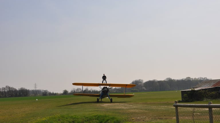 vintage Boeing Stearman biplane used for wing walking, Damyns Hall Aerodrome, London, United Kingdom
