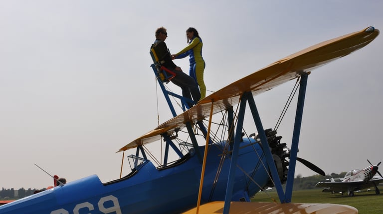 vintage Boeing Stearman biplane used for wing walking, Damyns Hall Aerodrome, London, United Kingdom