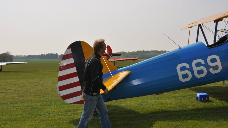 vintage Boeing Stearman biplane used for wing walking, Damyns Hall Aerodrome, London, United Kingdom