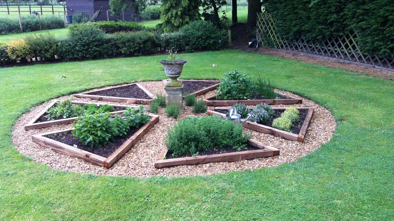 Herb garden with raised beds and gravel surround