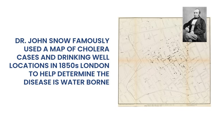 Dr. John Snow uses GIS to understand Cholera.