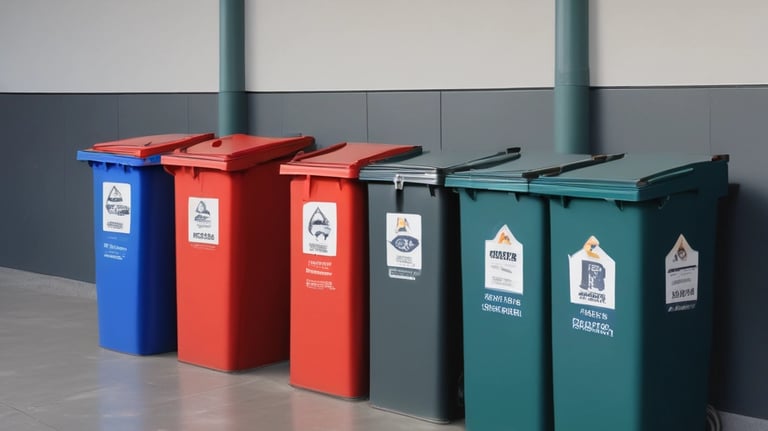four assorted-color trash bins beside gray wall