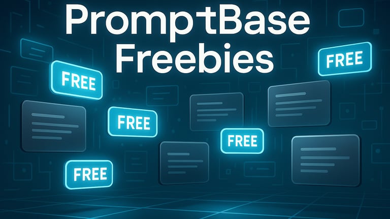 Futuristic prompt cards labeled “FREE” with bold “PromptBase Freebies” text, highlighting free AI prompts at PersonAI Lab.