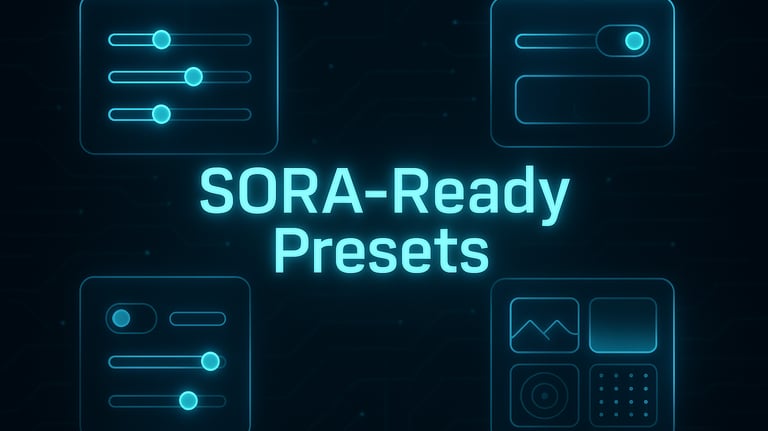Futuristic UI with glowing controls and the text “SORA-Ready Presets,” showcasing free AI presets from PersonAI Lab.
