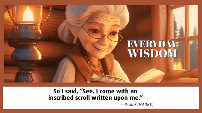 Sweet, old lady reading book in a cozy log cabin by a gas lamp.