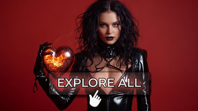 a woman in latex latex outfit holding a heart shaped object taking fire, love spell, witchcraft
