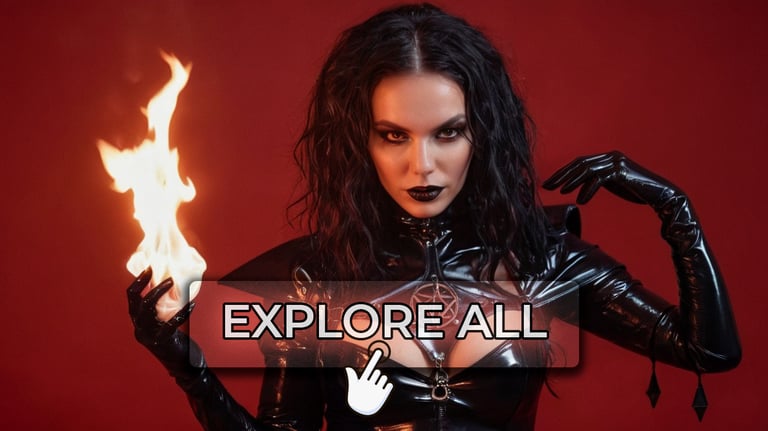 a woman in latex outfit holding a fire in hand, custom black magic spell, witchcraft, powerful witch