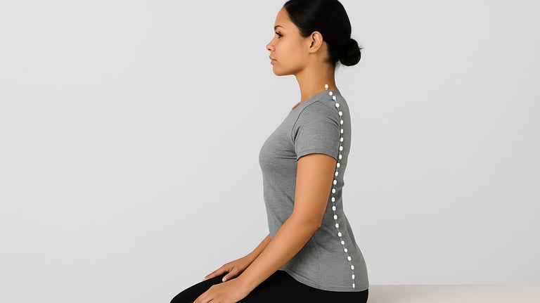 Lady sat upright with a simulated line to show Postural Alignment up her back