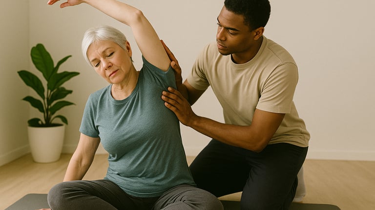 A woman being helped by a sports therapist to improve mobility