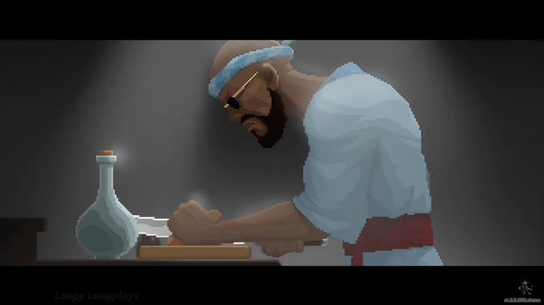 Capture d'écran du jeu Dave The Diver avec la cinématique d'amélioration des plats