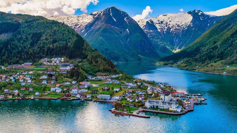 Balestrand town on Sognefjord with mountains