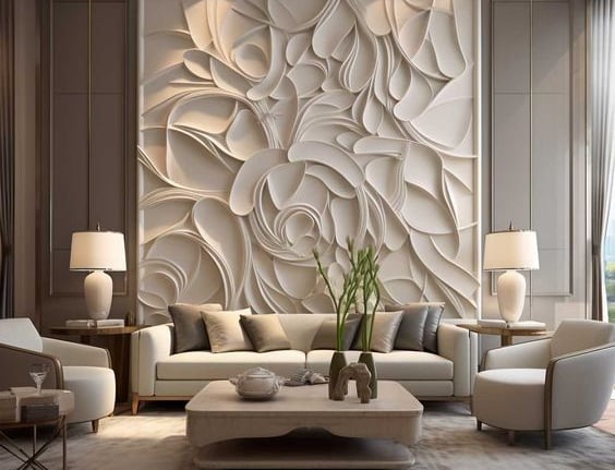 a living room with a couch and a large wall mural