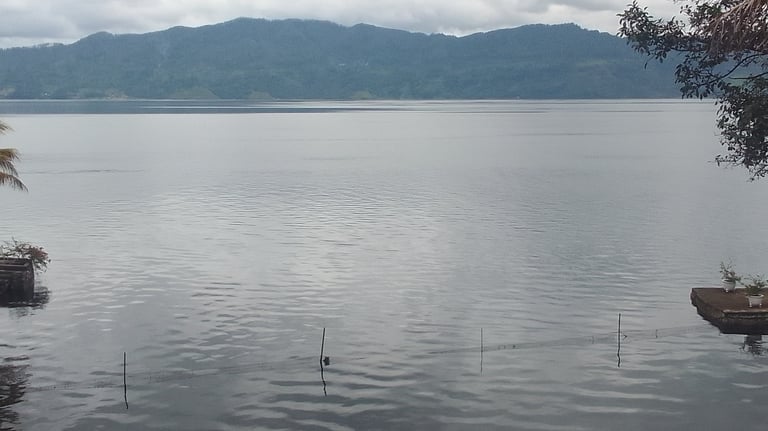 a tranquil lake with a mountain range in the background on an overcast day