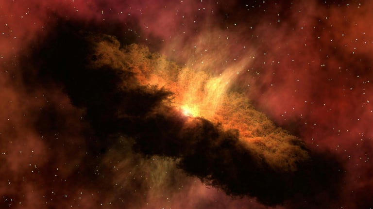 a cloud of gas in space with a bright red glow coming from the center