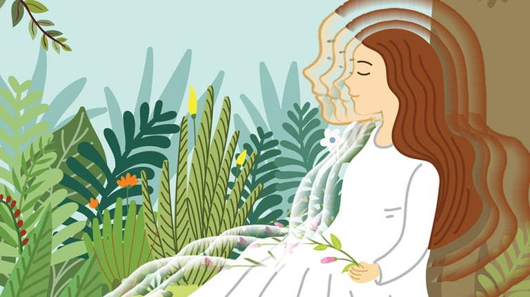 Animation of woman sitting nature emanating waves of being