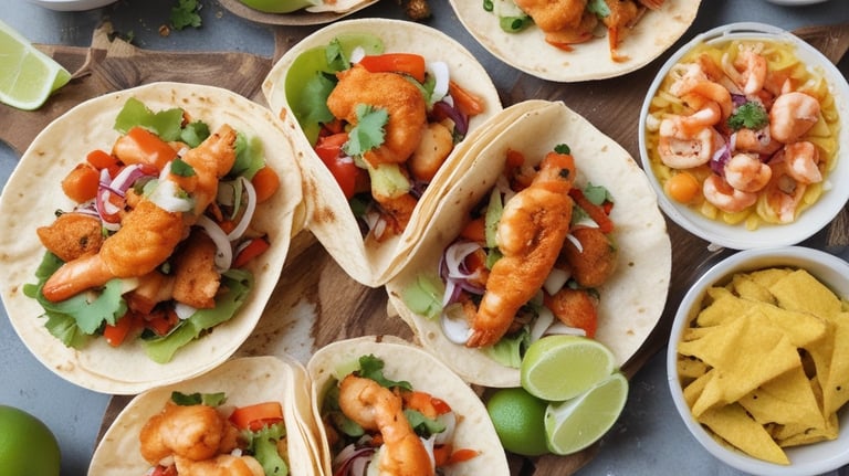A colorful food truck is parked in an outdoor area. It features vibrant graphics of food items like tacos and burritos, with a cartoon character on the side. The truck is advertising catering services with a phone number displayed. Behind the truck, there's signage for a tire shop, and the background includes a building and leafless trees.