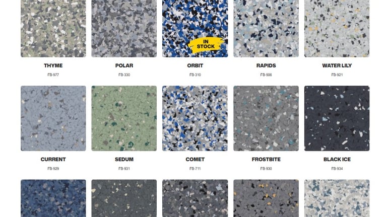 Flake epoxy garage flooring, colored chip blends, and high non-slip industrial floor solutions.