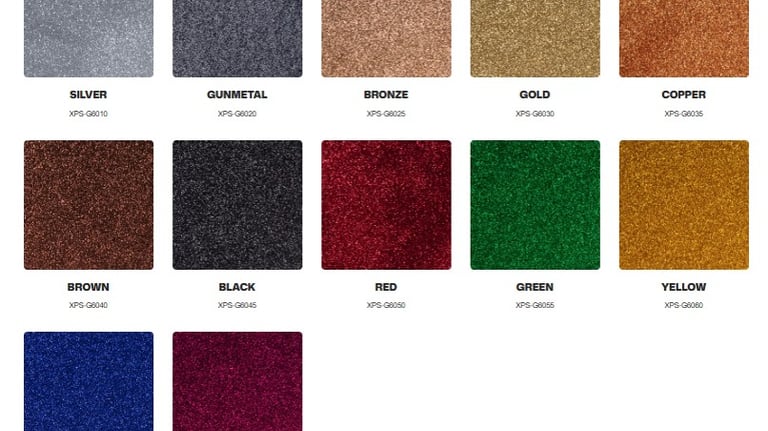 Glitter epoxy color chart, showing fine metallic and iridescent glitters for adding a lux sparkle to clear or colored coating