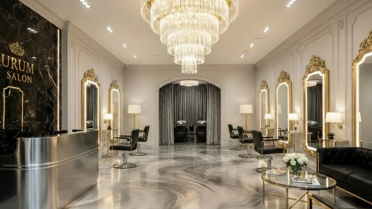 "Hair salon interior with glossy metallic epoxy flooring in marble gray tones