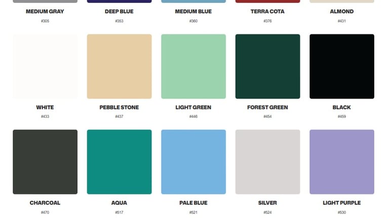 Solid color epoxy pigments chart displaying a standart, high-durability tones for clean, minimalist