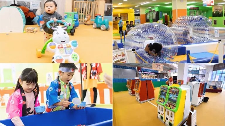 乳幼児用の遊具、サイバーホイール、縁日体験コーナー、メダルゲーム機など多彩な遊び場がそろう室内遊園地の様子｜堺市のニュースならサカイタイムズ