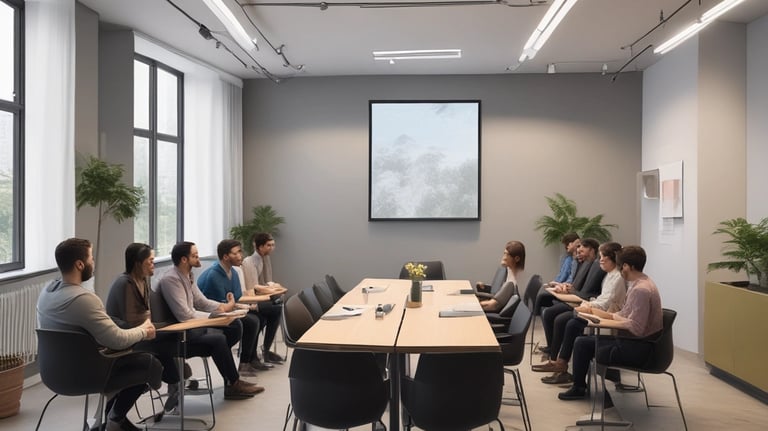 A group of people is engaged in a training session in a conference room setting. A presenter is standing and holding a sheet of paper, addressing the group seated at a round table. The attendees are actively listening, and there's a banner in the background advertising UX training. The room is well-lit, with a flipchart visible at one side.