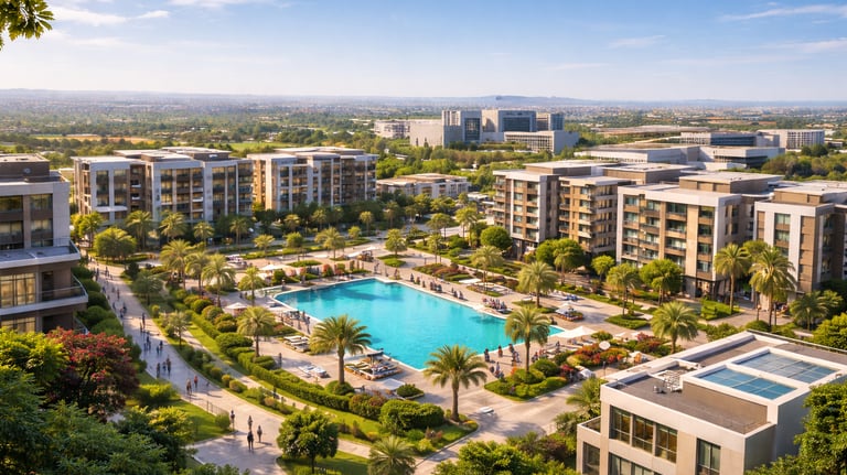 صورة بانورامية حديثة لمشروع سكني فاخر في مصر توضح مباني عصرية، مساحات خضراء واسعة، طرق منظمة وخدمات 