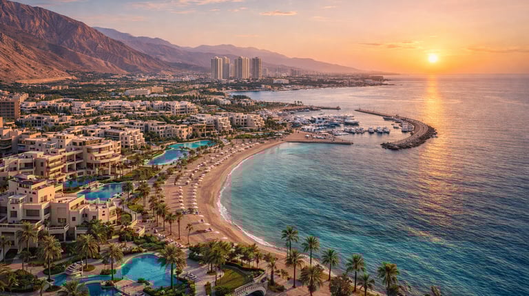 قرية سياحية ساحلية في العين السخنة تضم شاليهات فاخرة بإطلالة مباشرة على البحر الأحمر، تصميم عصري وخد