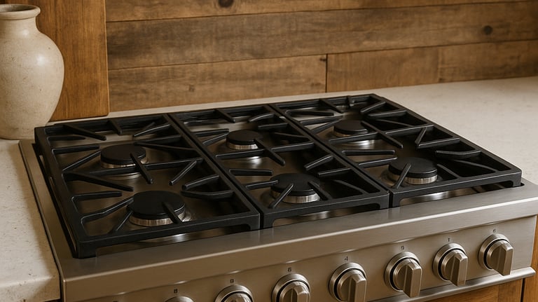 Six-burner gas cooktop in a rustic farmhouse kitchen with wood cabinetry and stone countert