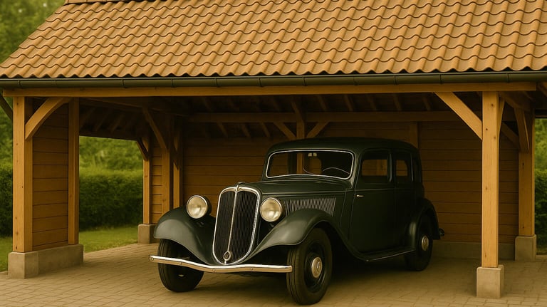 Carport en bois avec une voiture de collection