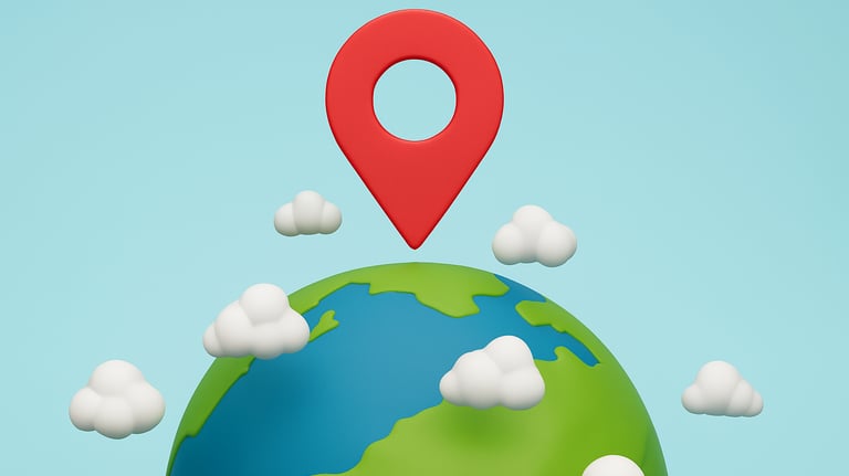 3D-style Earth with clouds and a glowing red location pin hovering above, symbolizing global explora