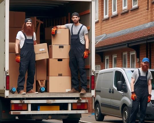 3 man and a van removal crew packing a large van with boxes