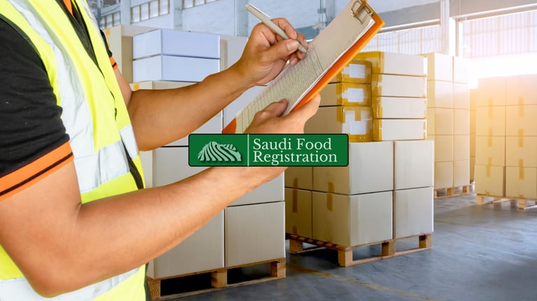 SFDA and customs officer inspecting food packaging for SASO certification and barcode compliance at Saudi port.