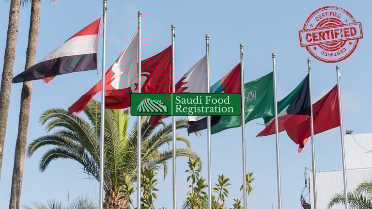 Flags of GCC countries with a “Certified” stamp and Saudi Food Registration logo, Gulf certificates under SFDA review.