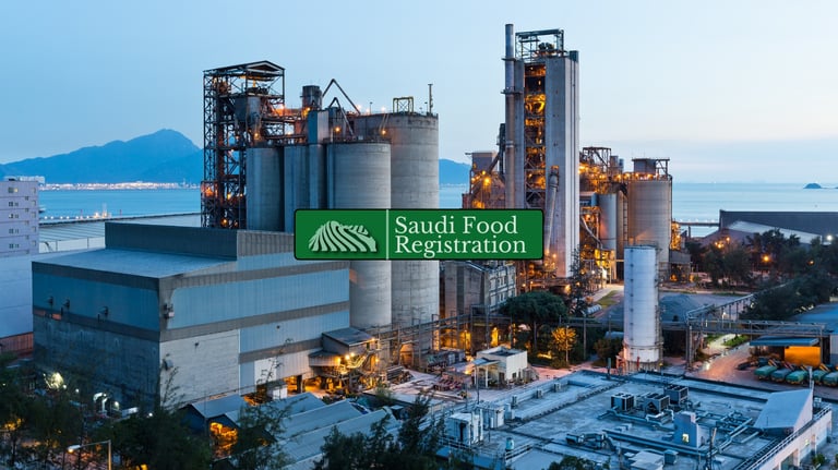 Saudi Food Registration Logo with food manufacturing facility in background