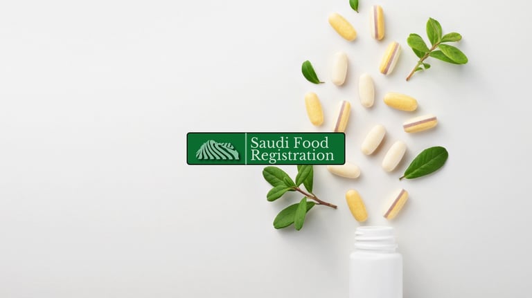 Saudi Food Registration Logo with food supplements background