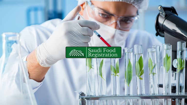 Saudi Food Registration Logo with lab setting with scientists testing food samples