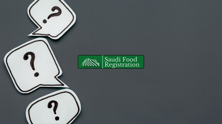 Saudi Food Registration logo with question icons representing SFDA registration FAQs in Saudi Arabia.