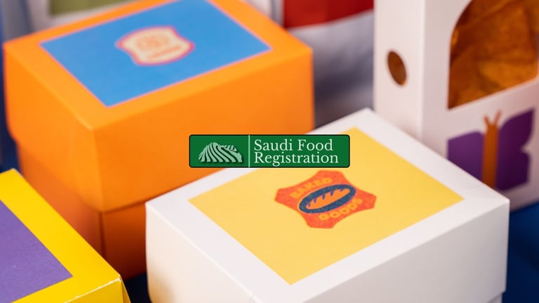 Saudi Food Registration Logo with Packaged goods as background for SASO Certification