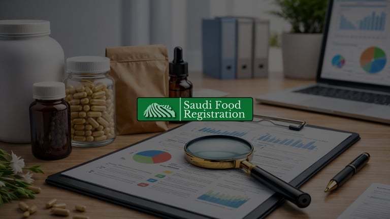 Regulatory compliance workspace with product samples, clipboard reports, and laptop analytics on a clean desk