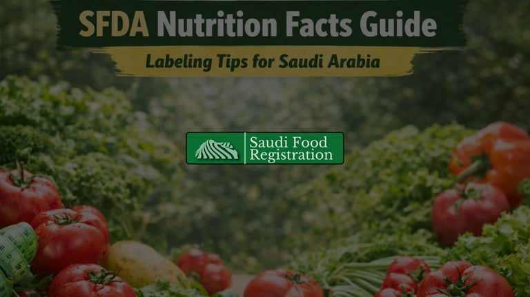 SFDA nutrition facts guide showing food labeling tips for Saudi Arabia with fresh vegetables with Saudi Food Registration