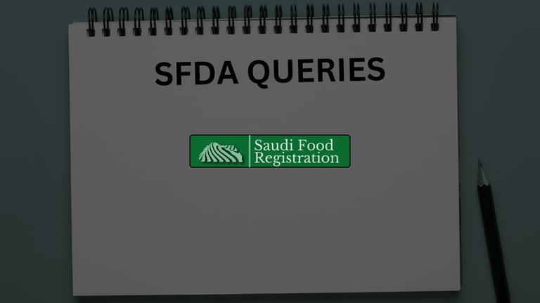 Open notebook labeled “SFDA Queries” with space for regulatory notes, representing SFDA clarification review.
