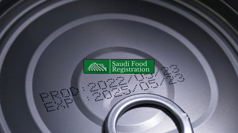 Saudi Food Registration Logo Overylay with production and expiry dates on bottle behind