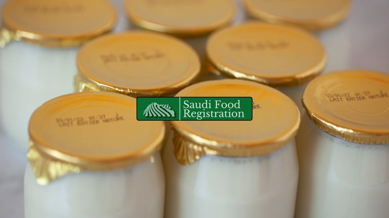 Saudi Food Registration Logo with bottles over them expiration date and data for Compliance