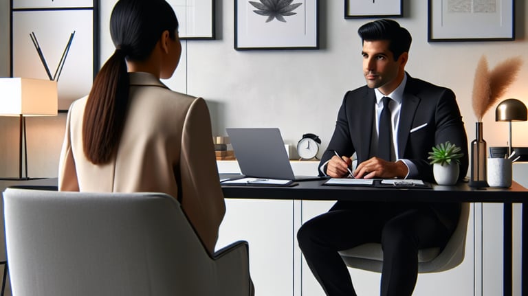 A professional consultation setting with a consultant professional sitting at a desk facing a client