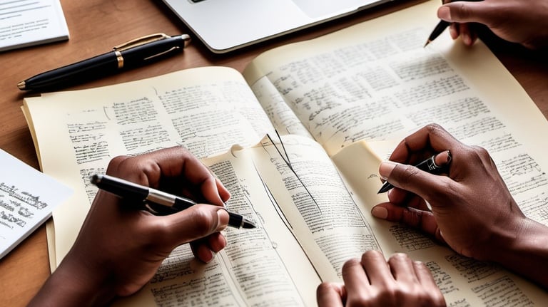 Two individuals collaborate on a book while using a laptop at a table, surrounded by notes and coffe