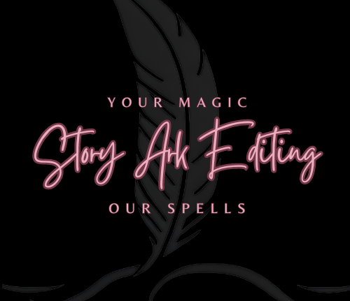 Story Ark Editing logo with the tagline "Your Magic, Our Spells" and a feather design in the backgro