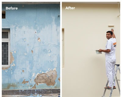Before and after home exterior painting showing a professional painter repairing cracked walls.