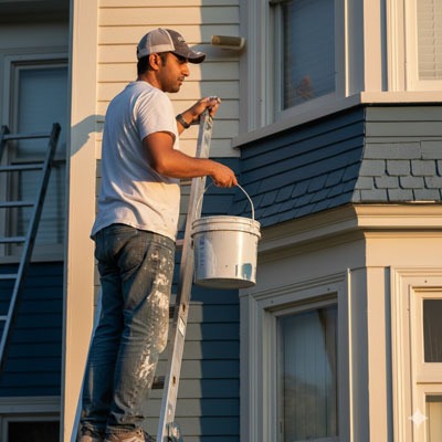 Professional house painter on a ladder holding a bucket while painting home exterior siding.